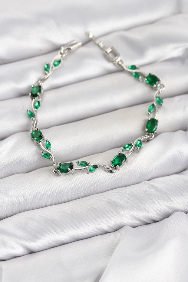 Brass Silver Color Green Zircon Stone Flower Model Women's Bracelet Tj-Bb8582