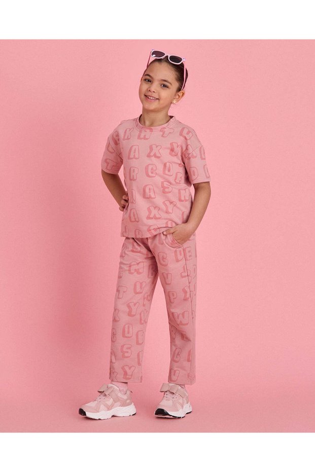 Girls Pink Printed T Shirt And Trouser Set