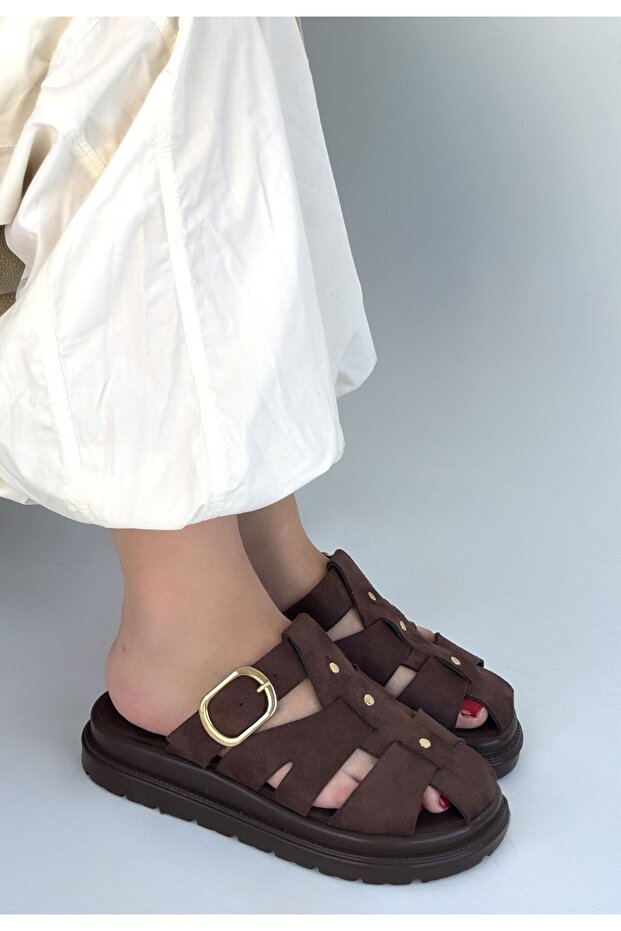 Ellia Premium Brown Suede Buckle Summer Slippers