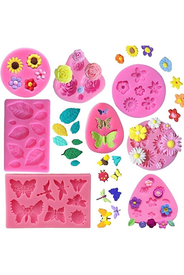 Silicone Cake Mold Set -8 Pcs, Rose Butterfly Daisy Rose Leaf and Mini Flowers Fondant Candy