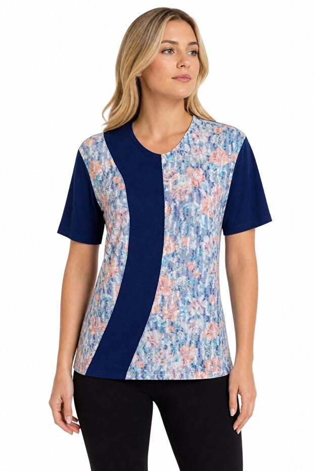 Women's V-Neck Short Sleeve Floral Printed Combed Cotton Blouse K.Cobalt Blue