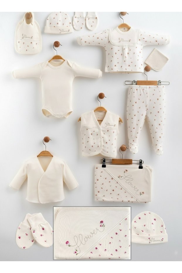 10-Piece Hospital Discharge Set with Flower Embroidery and Floral Pattern, Cotton Newborn Baby Set with Blanket