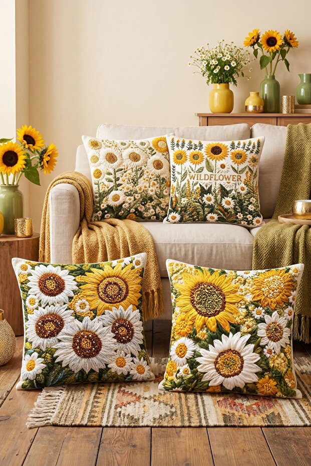 Sunflower Patterned 4-Piece Throw Pillow Cover Set