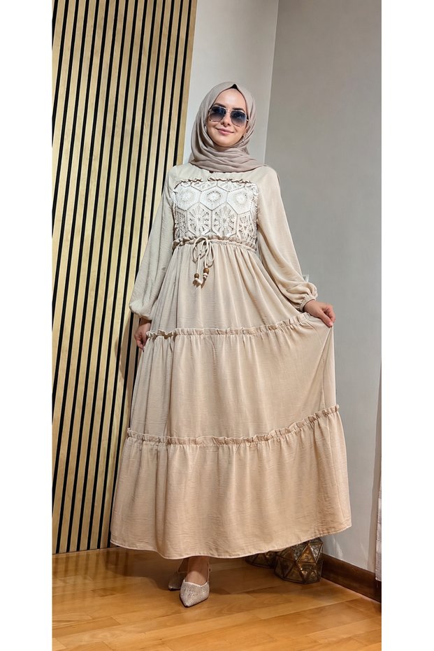 Nare Brode Detailed Long Dress – Beige Dress Compatible with Islamic Clothing