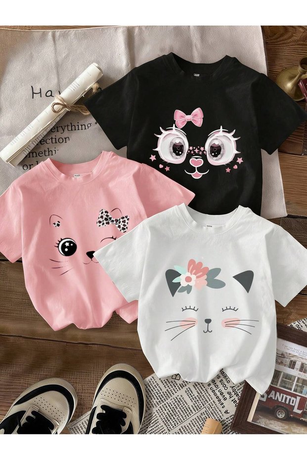 Printed Black - White - Pink 3-Piece Children's T-Shirt 100% Cotton Short Sleeve Knitted Crew Neck