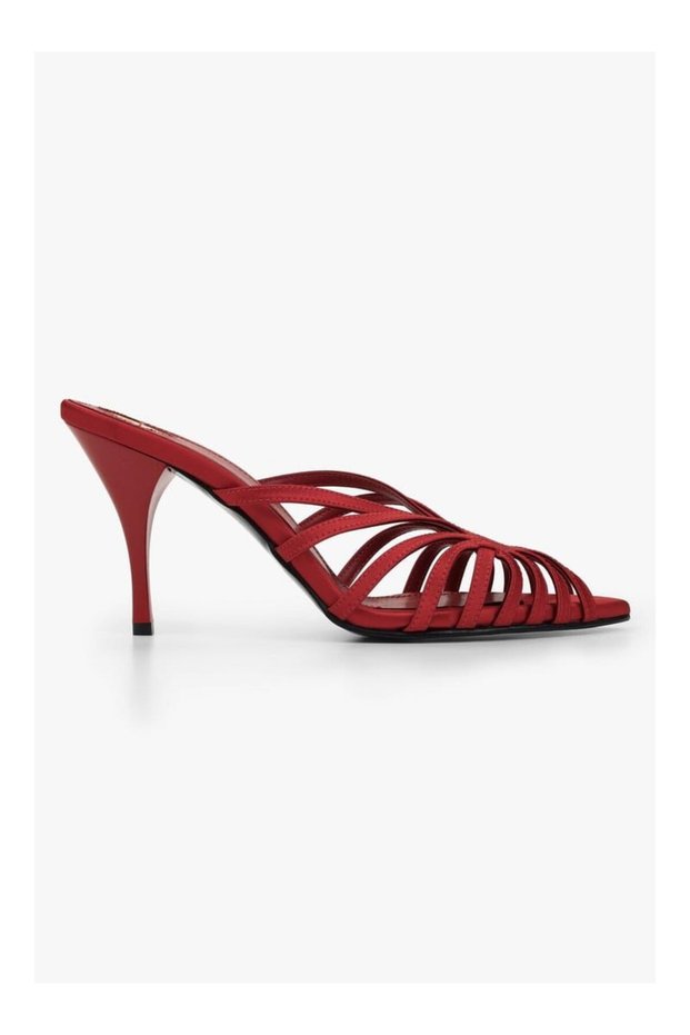 Judith Red Satin Open Toe Detailed Caged Women's Heeled Slippers
