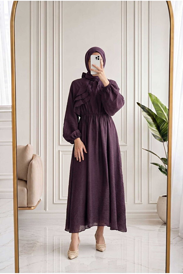 Teresa Ruffled Front Balloon Sleeve Voile Dress-Ek639 Plum