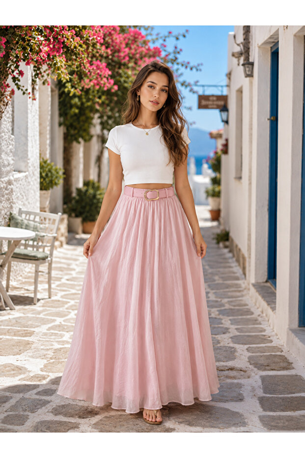 Feminine Style Elastic Waist Long Lined Skirt