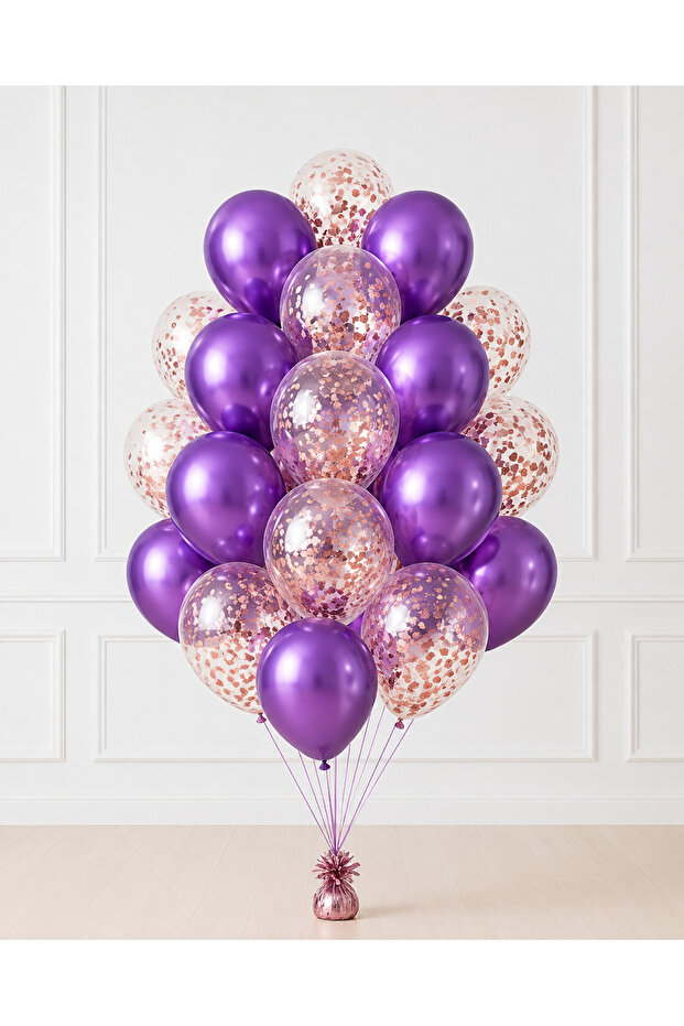Chrome Purple Transparent Rose Gold Sequin Themed Balloon Bundle 20 Pieces