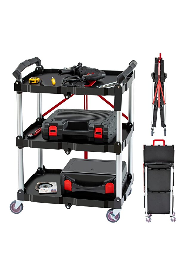 Portable Folding Service Cart, 3-Tier Fold Up Rolling Cart Collapsible Push Cart with Wheels, 80 Lbs Load Capacity per Shelf Folding Utility Carts for Home & Commercial Use, Black