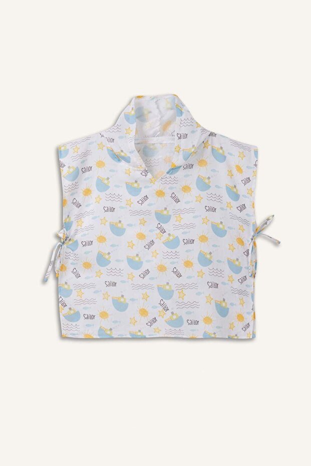 Hooded V-Neck Linen Look Printed Poncho for Boys G7183A826Sm