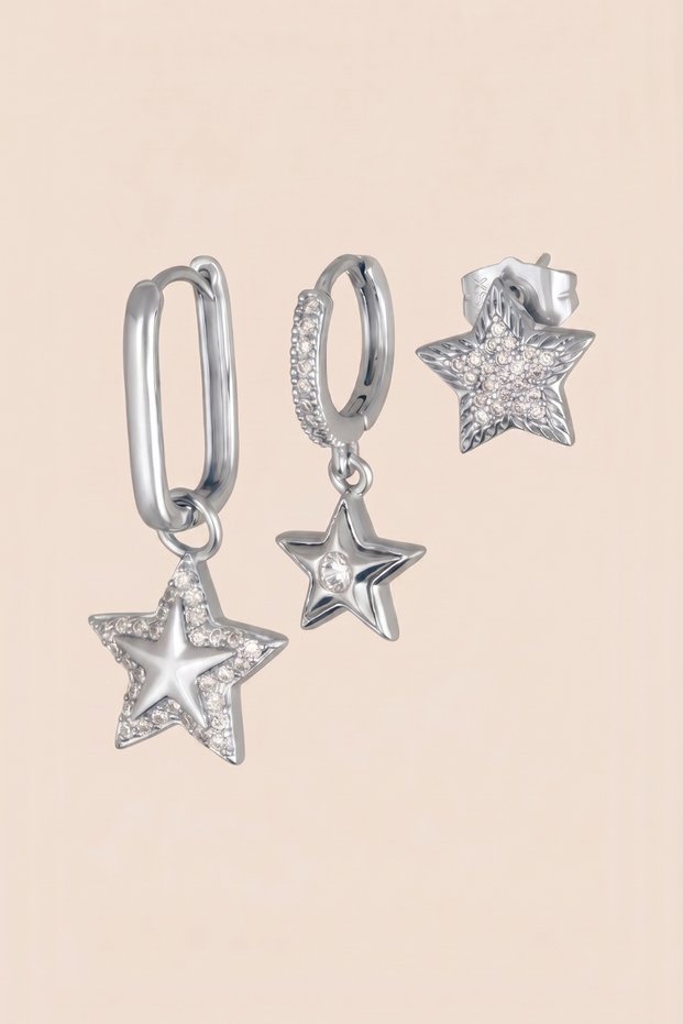 Silver Colored Zircon Stone Asymmetrical Star Dangle 3-Piece Earring Set