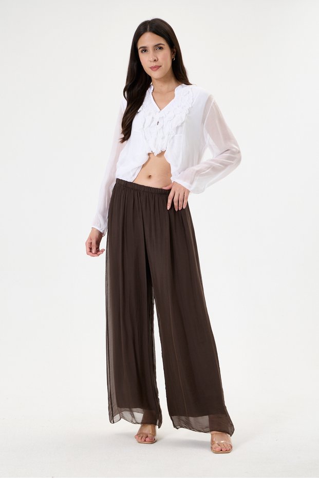 Women's Brown Italian Elastic Waist Wide Leg Silk Trousers Size 38 - 48