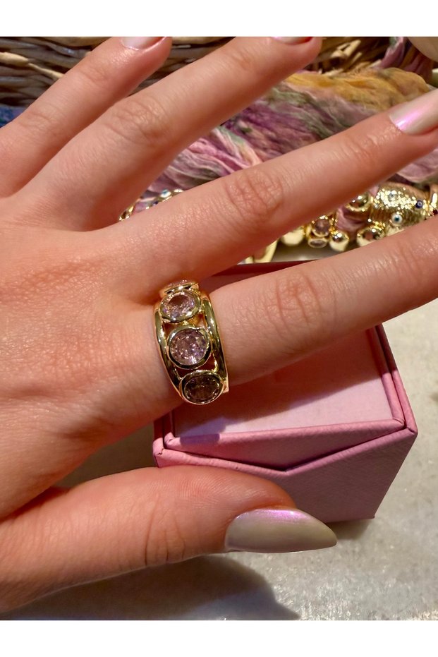 Gold Pink Zircon Stone Vintage Adjustable Non-Tarnish Ring