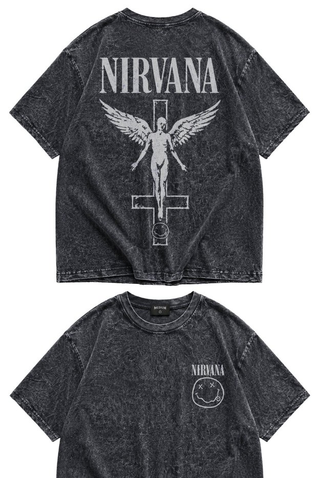 Unisex Nirvana Angel Back Print Washable T-Shirt, Oversized Rock Band Themed Vintage Tshirt