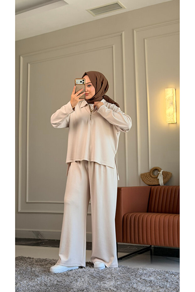 6490 - Stylish Comfortable Knitted Modal Fabric Casual Zipper Shirt Collar Women's Set