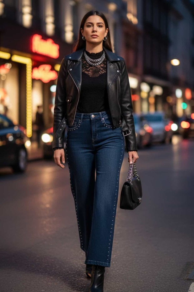 Pocket and Side Drop Stone Detailed Palazzo Jeans