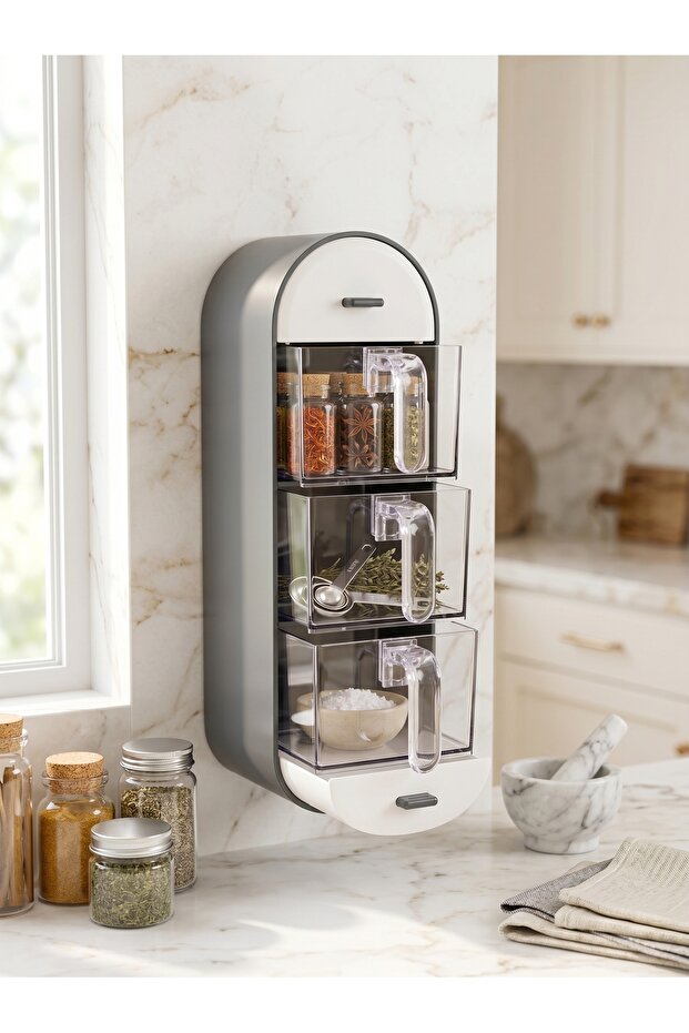Gray Special Design, 5 Drawers, Leak-Proof, Spoon Holder, Spice Rack Set, Wall Organizer, Self-Adhesive and Stopper Kitchen