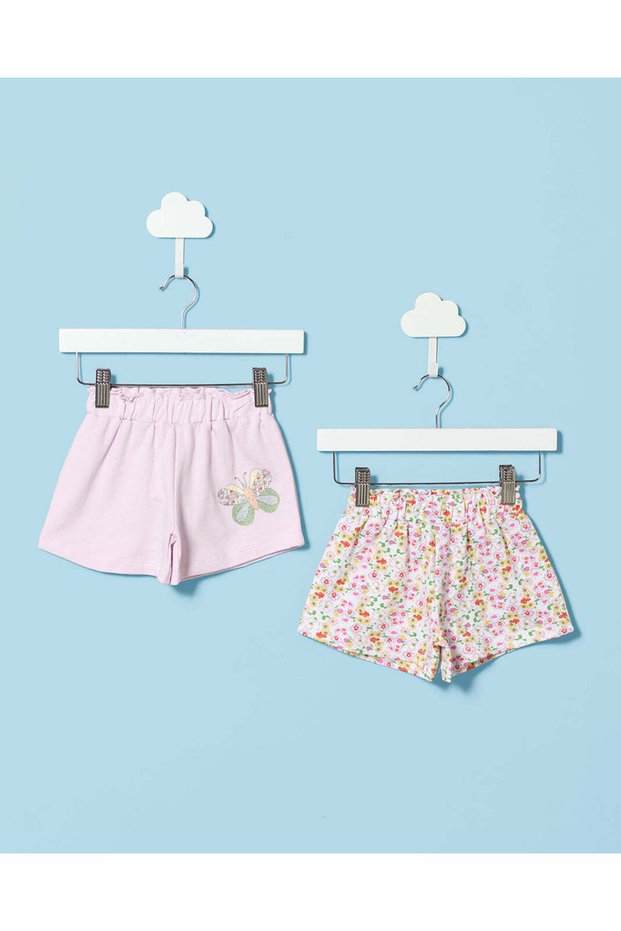 Infant Girls Lilac Placement Print Shorts & White All Over Print Shorts Pack Of 2