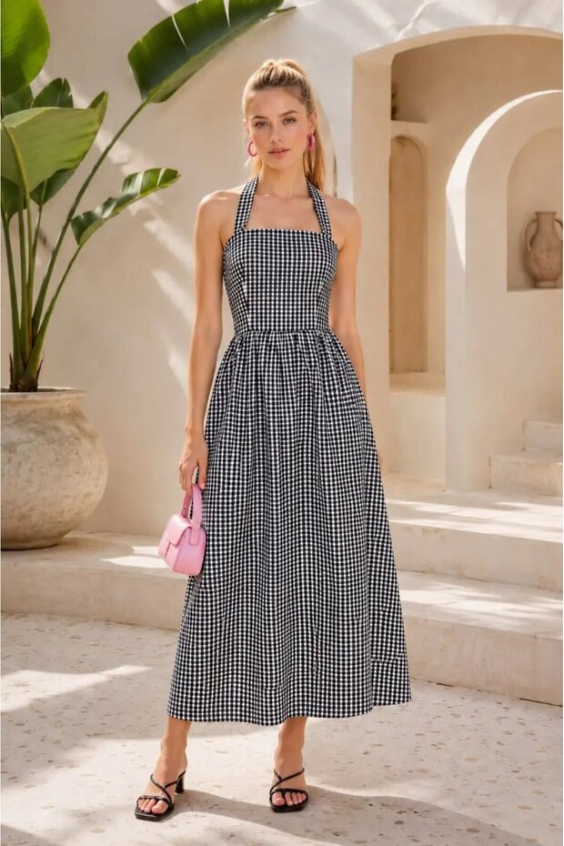 Women's Square Neck Lace-Up Gingham Midi Dress 26091