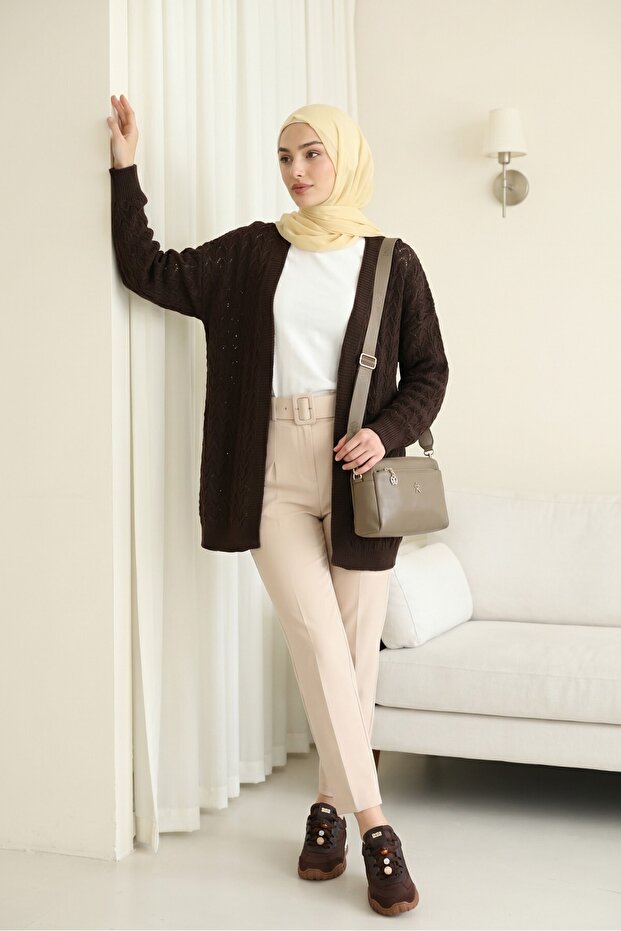 Openwork Patterned Casual Knitwear Cardigan - Dark Brown