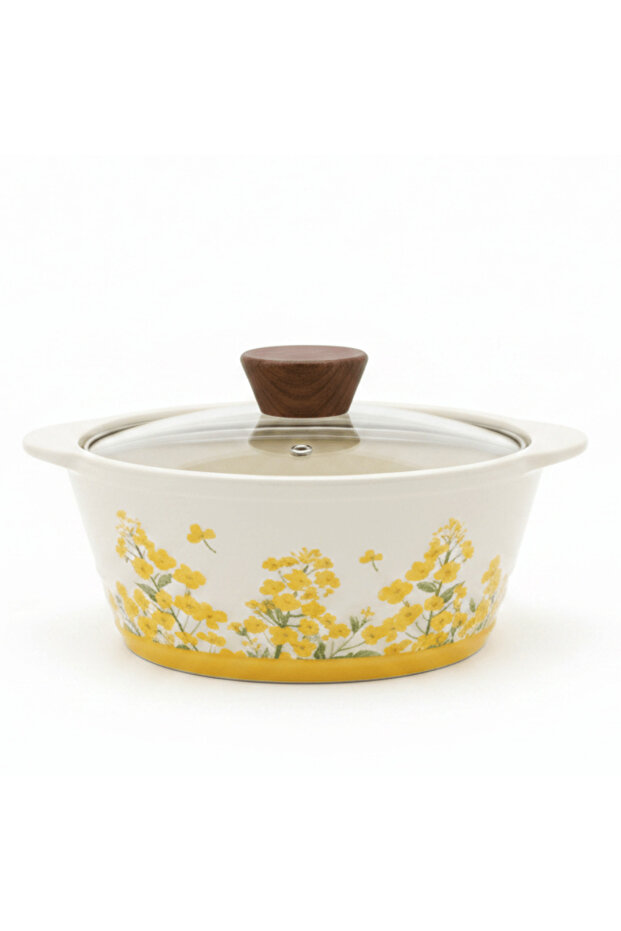 Decetime White Porcelain Soup Pot with Yellow Flower Design & Glass Lid | 850 ml