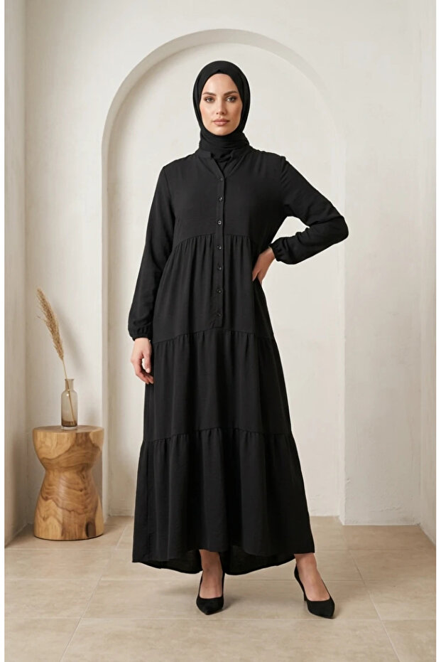 Aerobin Fabric Buttoned Layered Hijab Dress 4124-03 Black