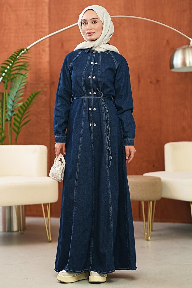 Dark Blue Waist-Tie Snap Button Denim Dress