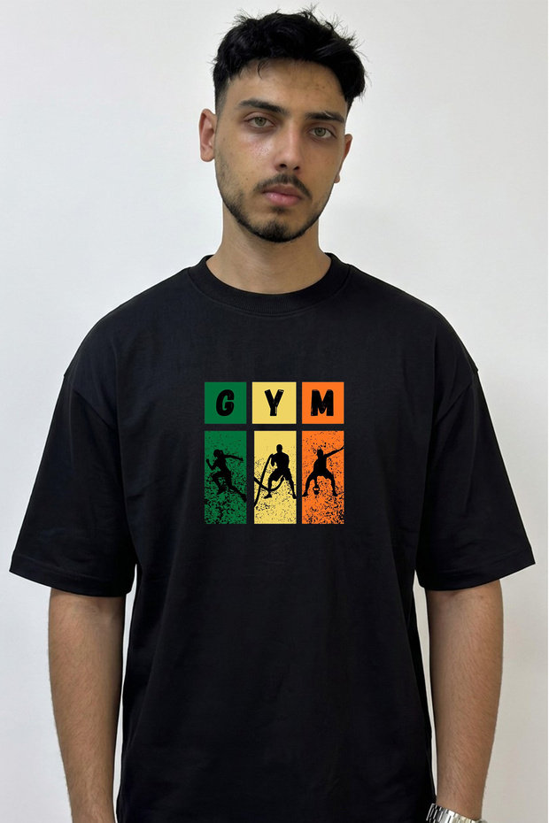 Gym Fitness Design Printed Oversize Black T-Shirt
