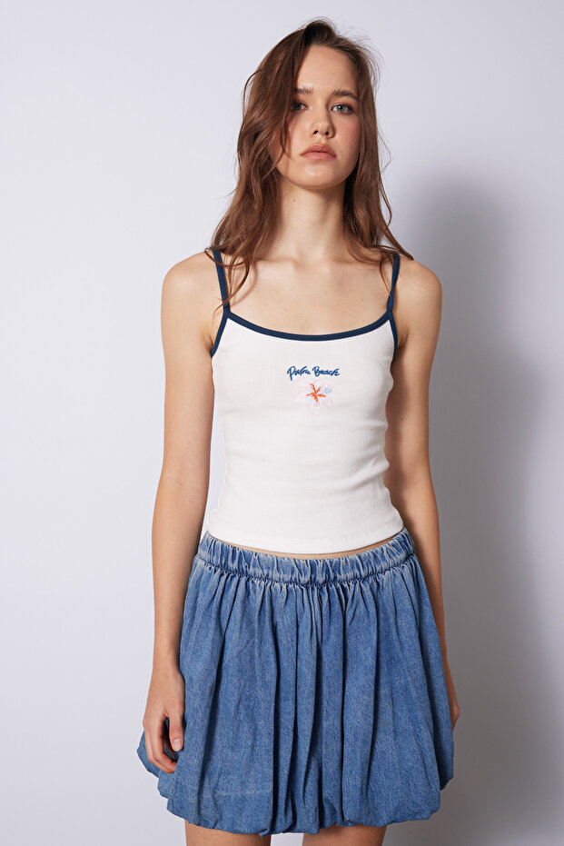 Flower Embroidered Strap Top Ecru