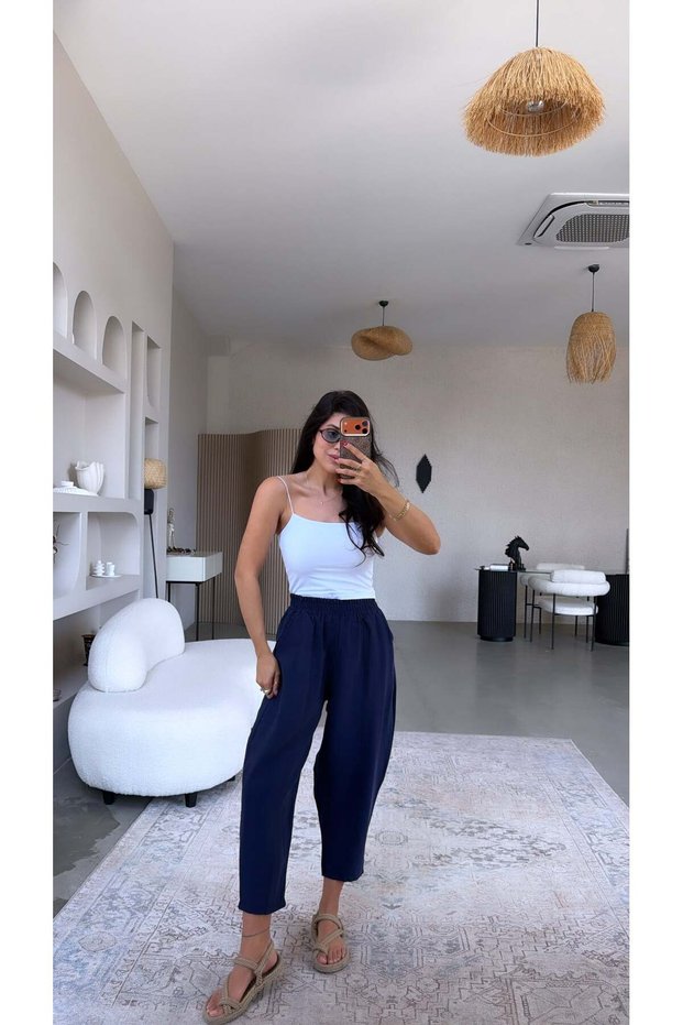 Navy Blue Elastic Waist Baggy Washed Tencel Fabric Premium Trousers