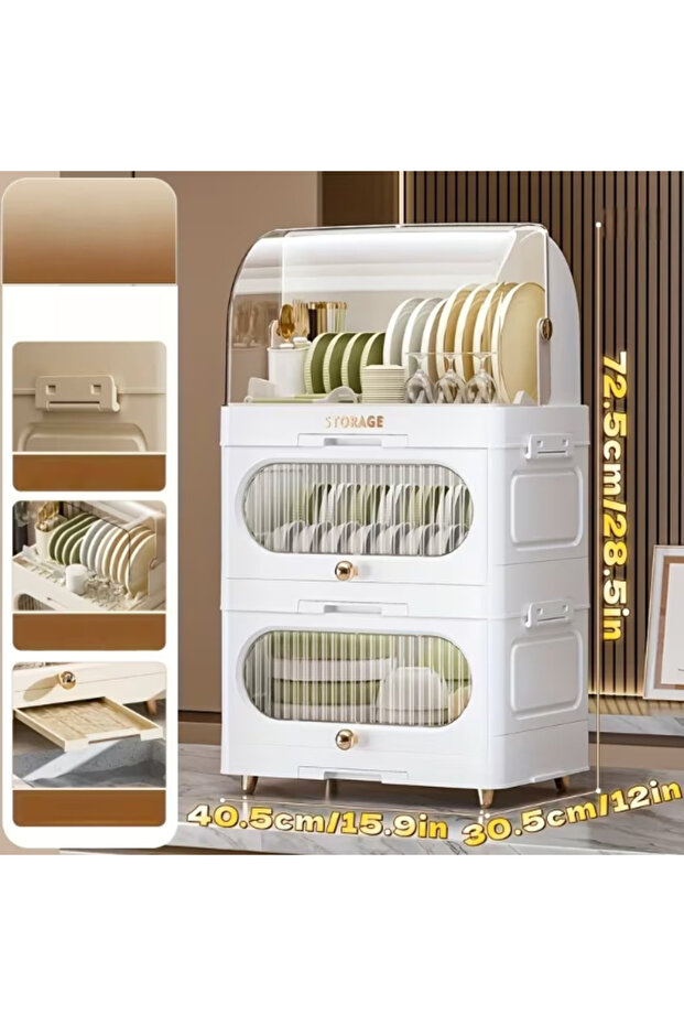 3-Tier Kitchen Dish Drying Rack with Dustproof Cover, Large Capacity Dish Storage Cabinet, Multifunctional Countertop Organizer with Drain Tray