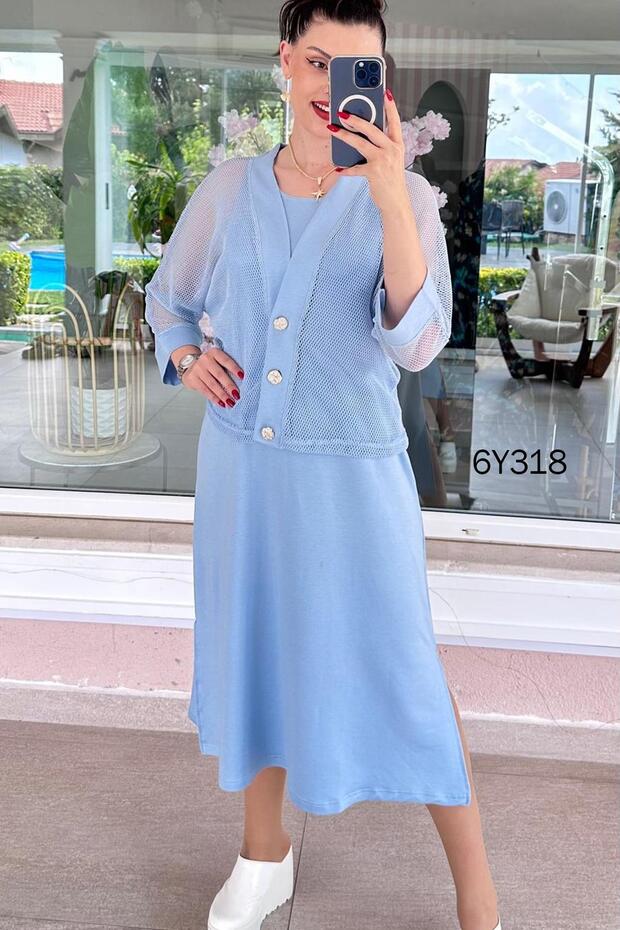 Mesh Cardigan Modal Fabric Dress Set 6Y318