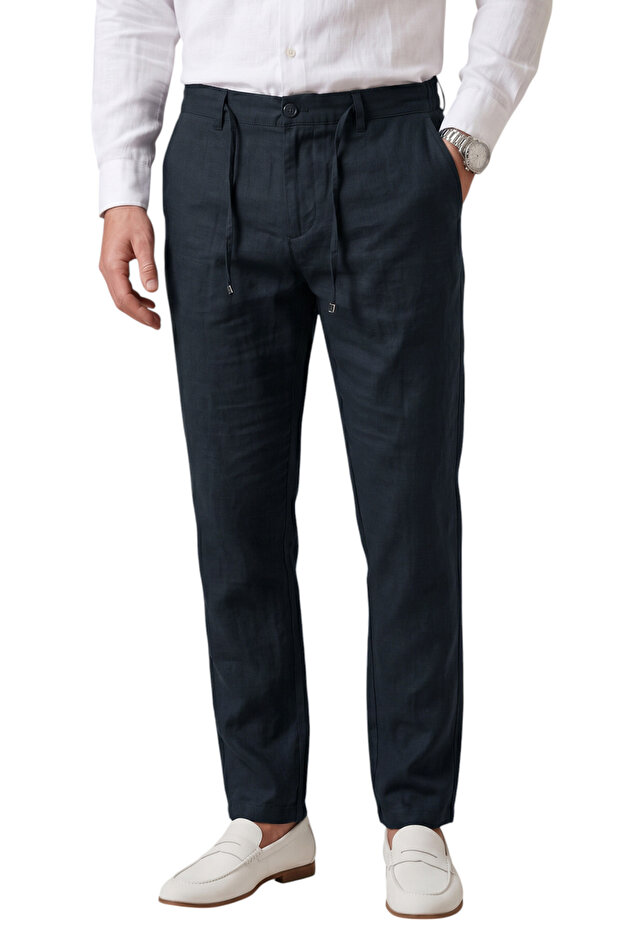 Navy Blue Slim Fit Lycra Linen Textured Elastic Waist Drawstring Summer Men's Trousers 2603001