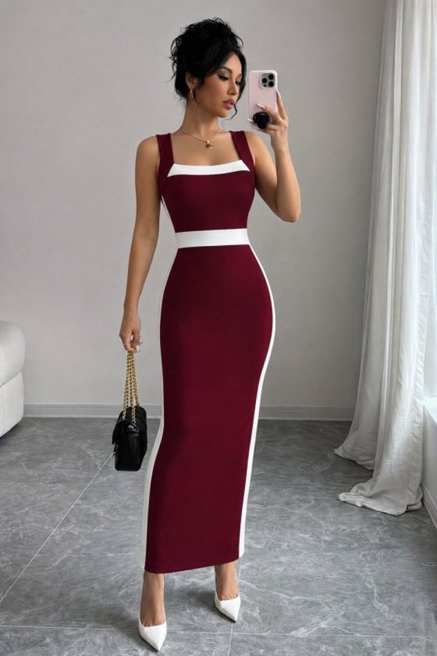 Women's Strappy Geometric Collar Ribbon Detailed Long Diver Dress Summer Stylish Dress