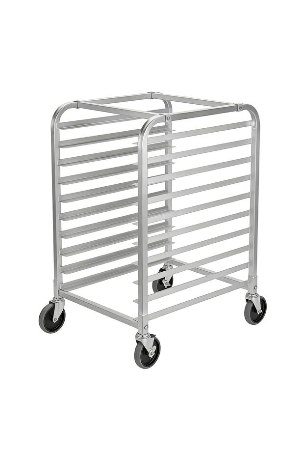 10-Tier Aluminum Baking Tray Cart – Space-Saving Mobile Rack – Lockable Wheels – Bread & Pastry Cooling – Kitchen, Bakery, Restaurant – 20"W x 26"D x 39"H