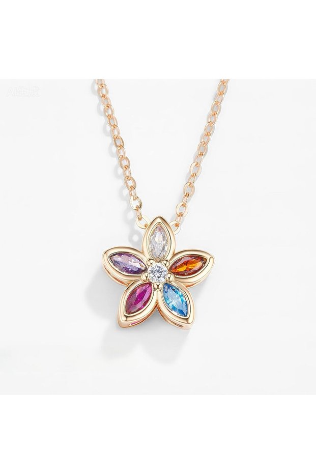 Gold-Plated Flower Necklace with Multicolor Gemstones – Non-Tarnish Waterproof Pendant, Hypoallergenic Jewelry Gift for Women, Elegant Rainbow Crystal Blossom
