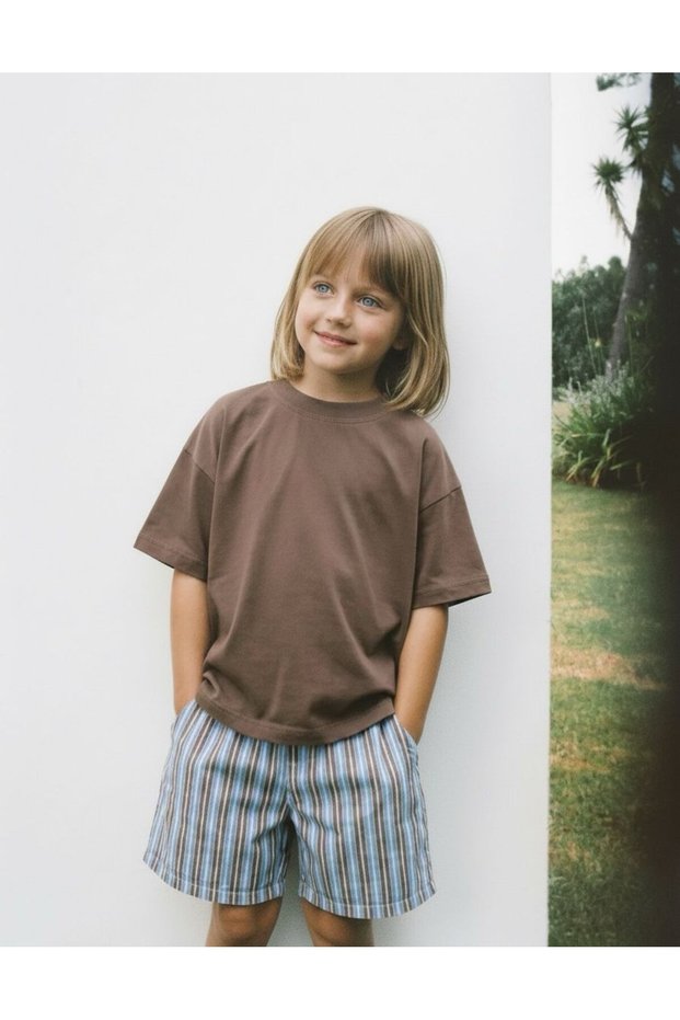 Unisex Kids Brown T-Shirt - Striped Cotton Shorts Set of 2