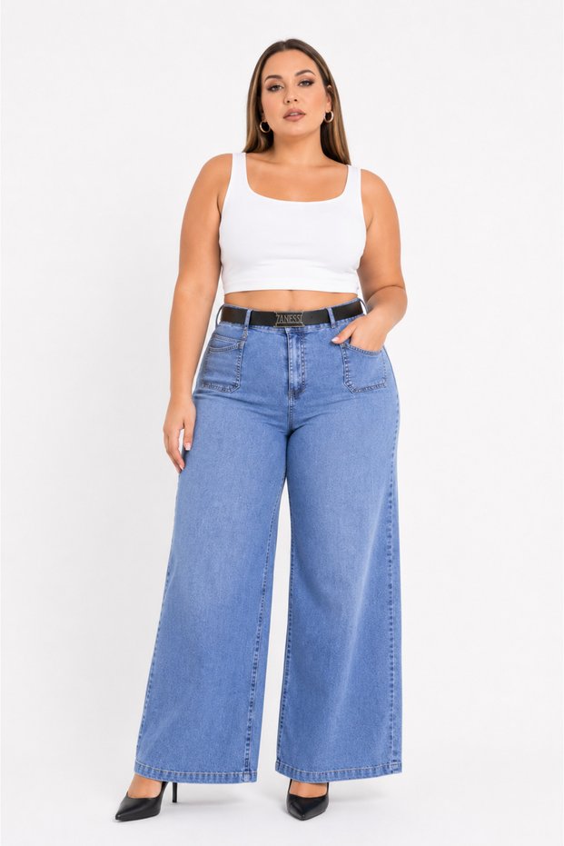 Plus Size Denim High Waist Belted Front Pocket Detailed Wide Leg Women's Trousers