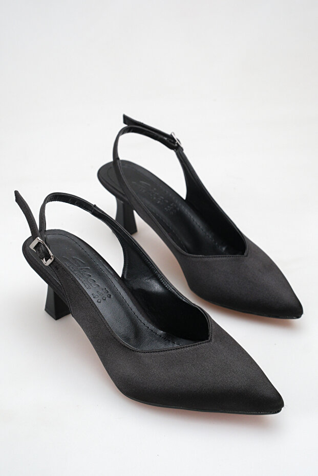 Black Satin Pointed Toe Heeled Open Back Women's Shoes