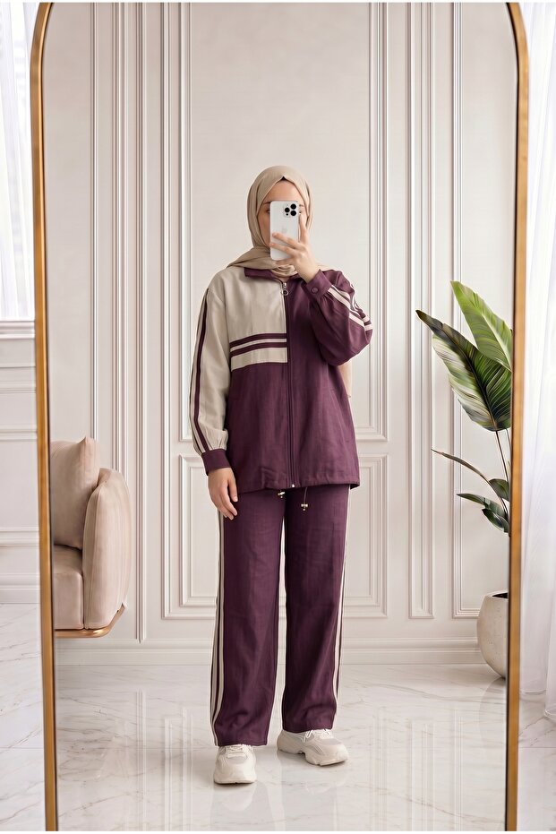 Mahgül Side Striped Zippered Trousers Suit-Pn3188 Claret Red