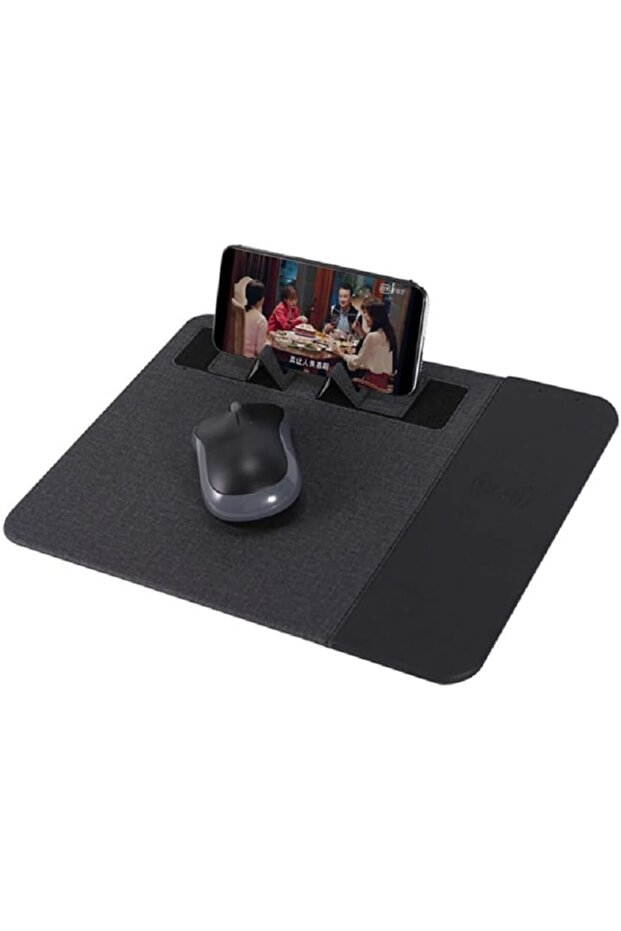 3-in-1 Wireless Charging Mouse Pad with Mobile Stand – Fast Qi Charging Station, Non-Slip Desk Mat (Black)