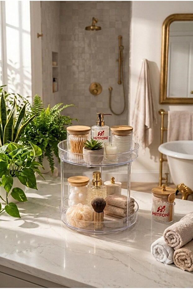 Premium Transparent Rotating Organizer 2 Tiers 360 ° Rotating Organizer Shelf – Kitchen Bathroom Cosmetics