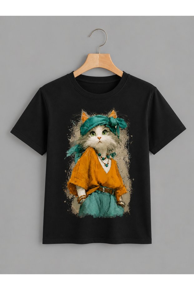 Unisex Oversize T-Shirt Fancy Cat Printed 100% Cotton T-Shirt Comfortable Fit