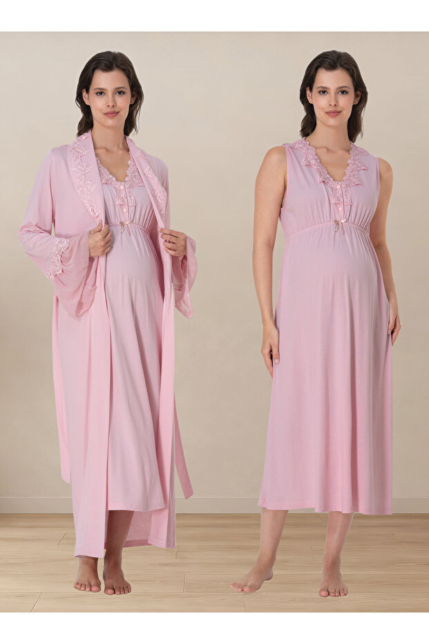 Breastfeeding Feature, Zero Sleeve Dressing Gown, Maternity Nightgown Set Effortt - Powder