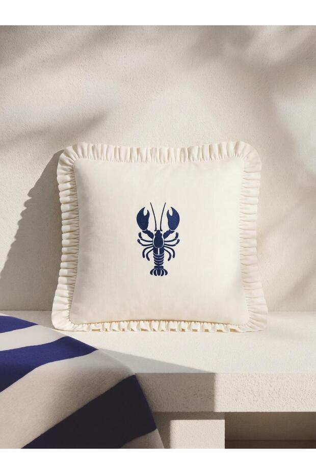 Marin Lobster Embroidered Ruffled Decorative Throw Pillow Cover 45X45 cm