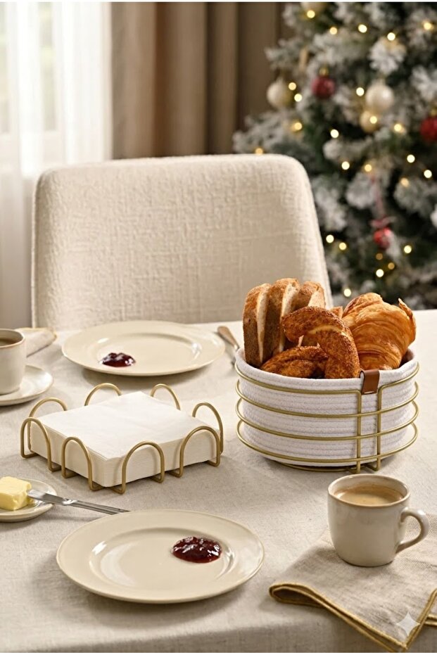 Set of 2 Matte Gold Square Napkin Holders, Round Bread Basket Kitchen Set