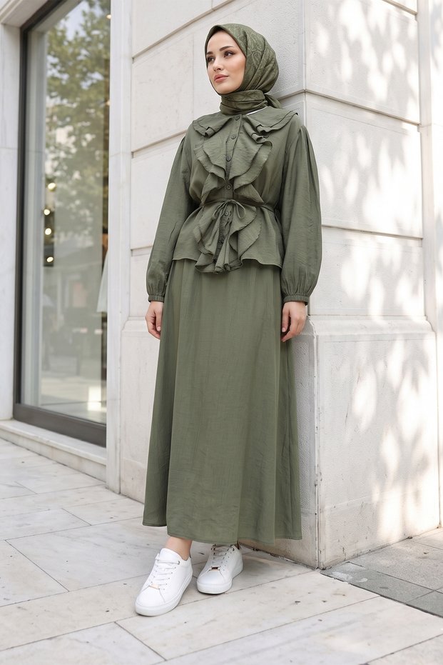 Belted Ruffle Detailed Strawberry Fabric Skirt and Horse Top Set - Khaki