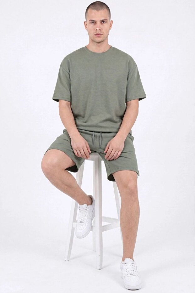 Men's Crew Neck Cotton Side Pocket Slit Comfort Shorts Set