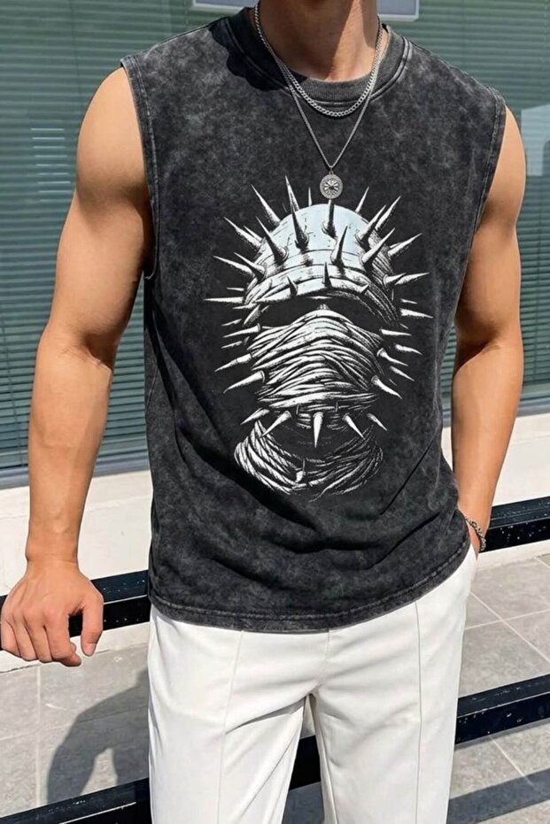 Street Style Anthracite Washed 100% Cotton Oversize Cut Tank Top